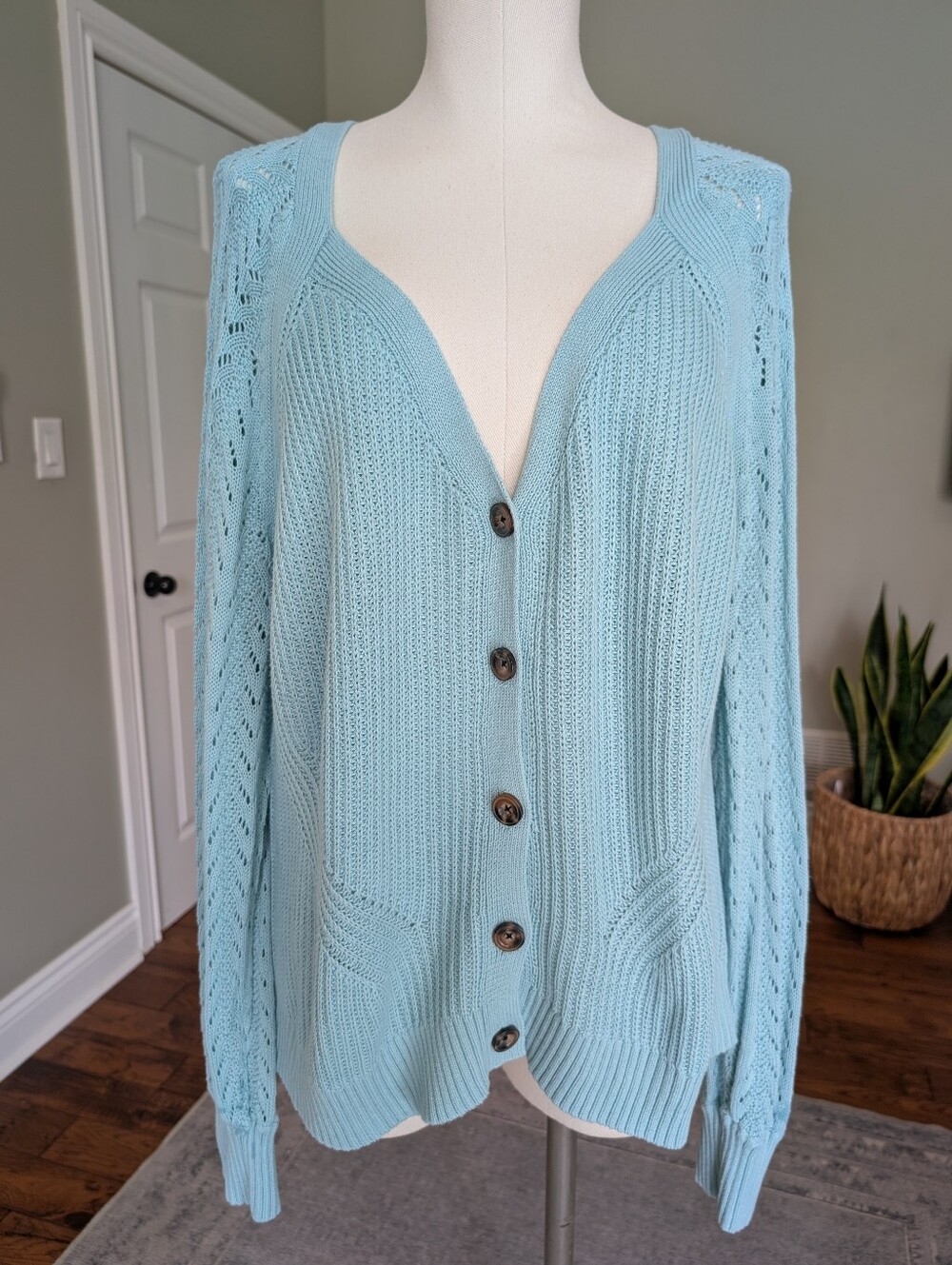 Torrid Women's Sweater Cardigan Pointelle Blue Knit Ballon Sleeve Plus Size 2